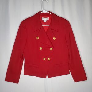 Liz Claiborne Union Vtg Crop Blazer Women 8P Red Wool Gold Button Dbl-Breasted